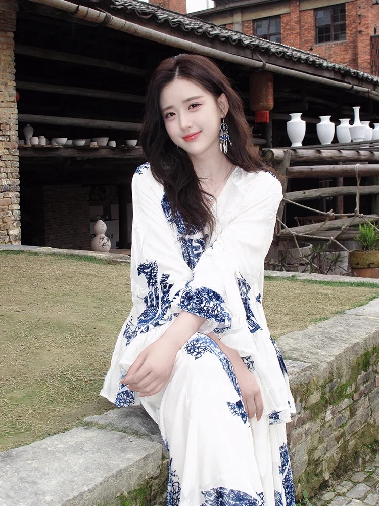 

Beach Vacation Style Blue And White Porcelain Print Maxi Dress Women's Summer New Fashion Elegant Chinese Style Long Skirt