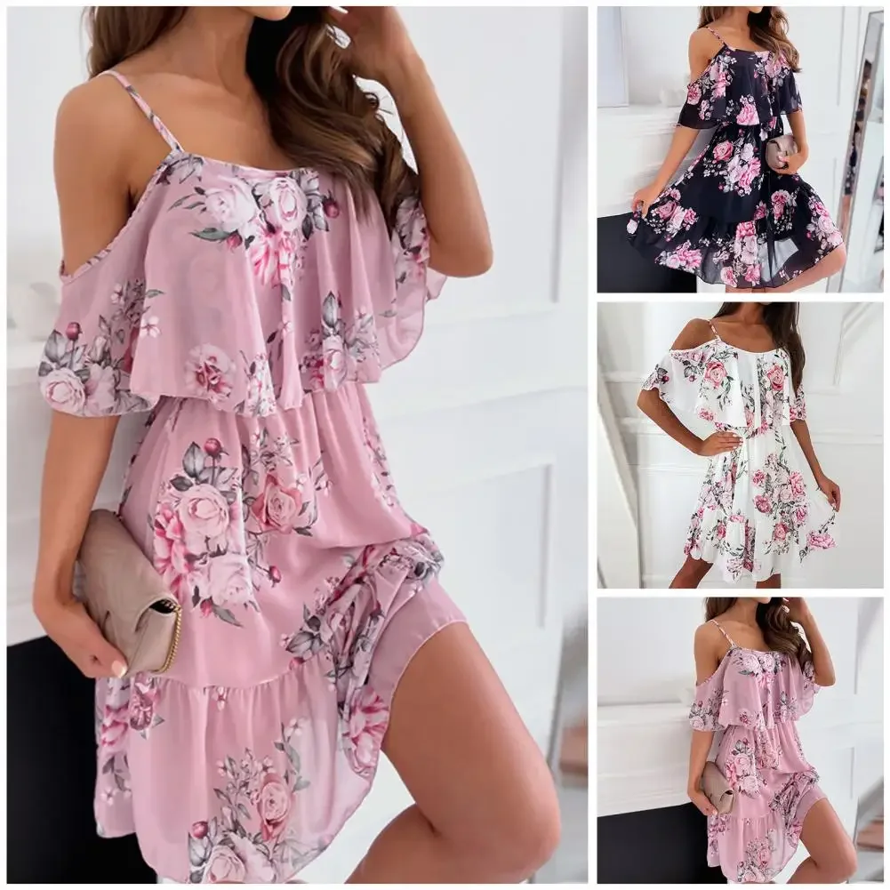 

2024 New Women Dress Ruffle Spaghetti Strap Patchwork Mini Dress Off Shoulder Short Sleeve Lady Sling Dress For Beach