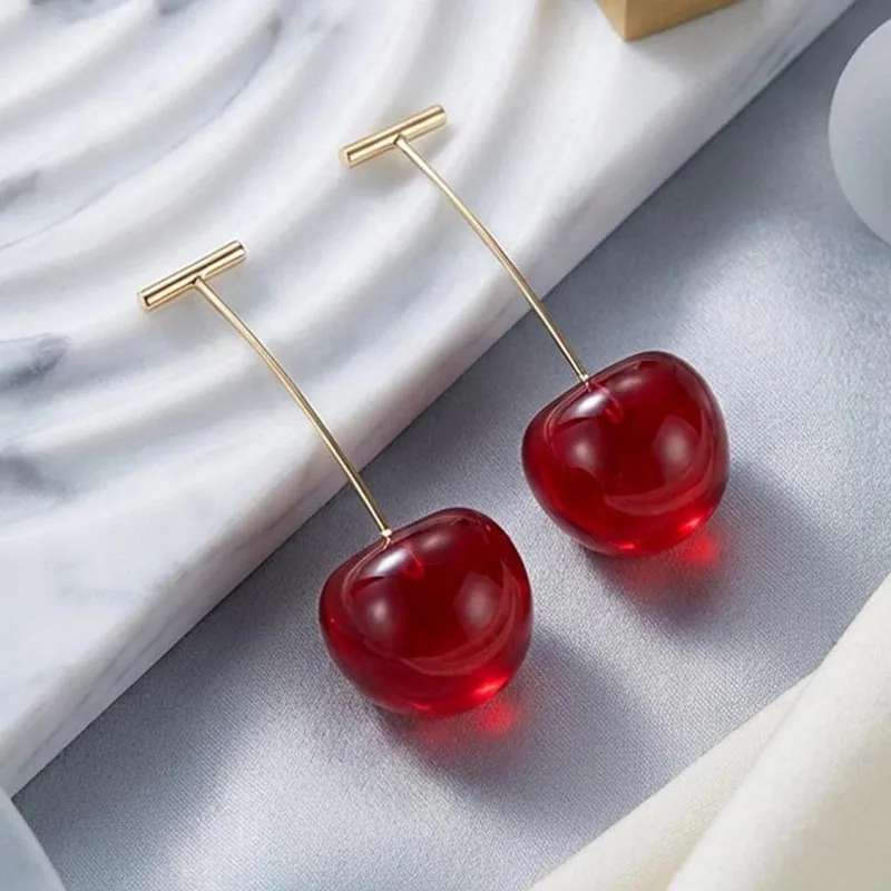 Vivid Resin Cherry T-Bar Stud Earrings for Women Sweet Fruit Shape Long Stem Dangle Earrings Fashion Aesthetic Jewelry Accessory