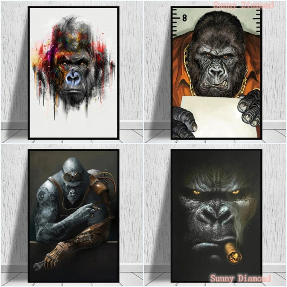 Watercolour Tattoo Gorilla Monkey Portrait 5D Diy Diamond Art Painting Funny Animal Cross Stitch Kits Drill Home Decor Cuadros