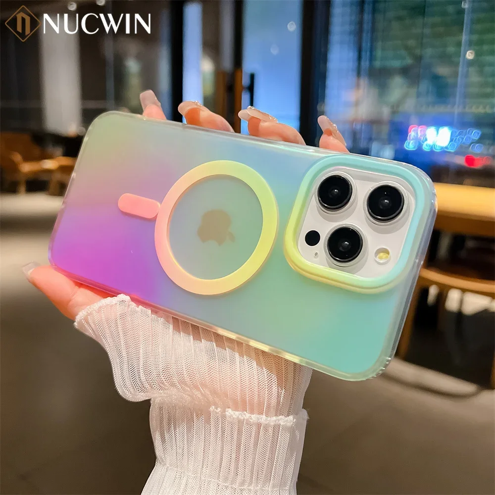 Aurora Gradient Matte Magnetic Case For iPhone 16 15 14 Pro Max 16 Plus 13 Laser Colorful Rainbow for Magsafe Shockproof Cover