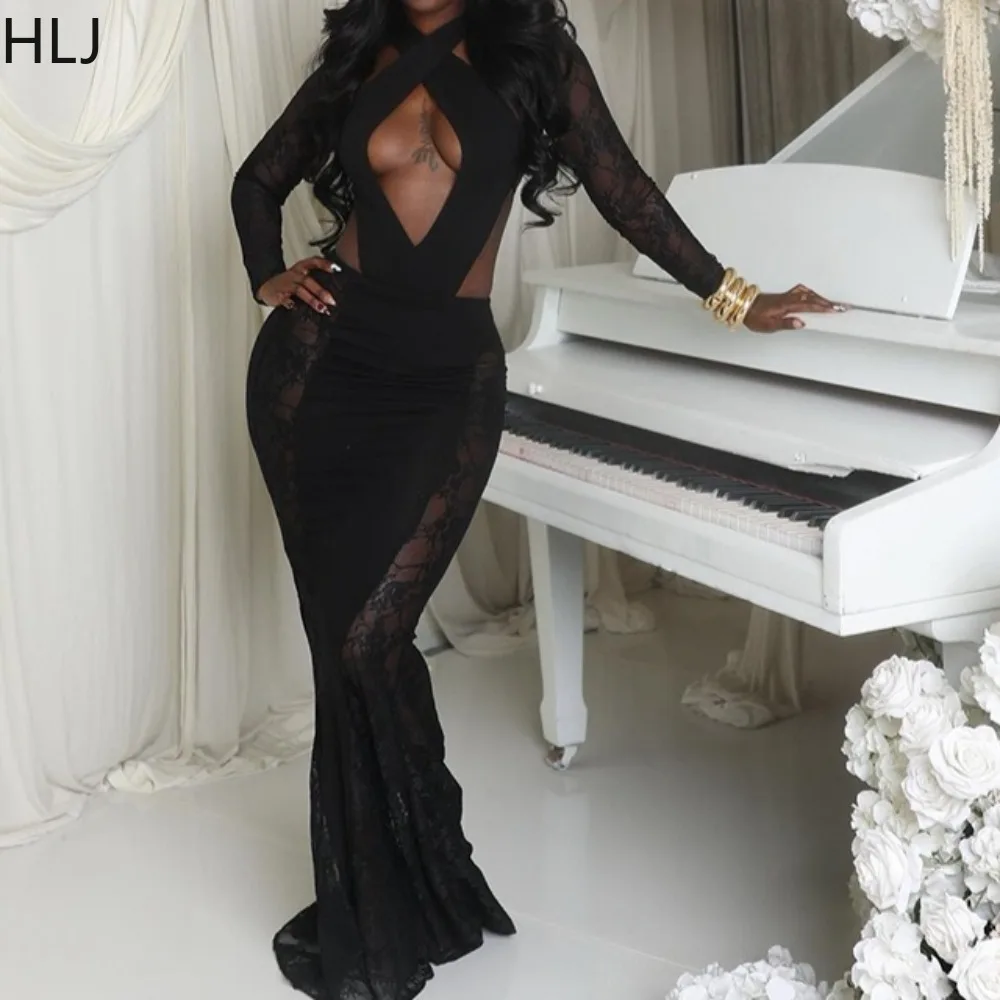 

HLJ Sexy Mesh Hollow-out Bodycon Dresses for Woman Halter See Through Long Sleeves Shawl Dress Female Party Clubwear Vestidos
