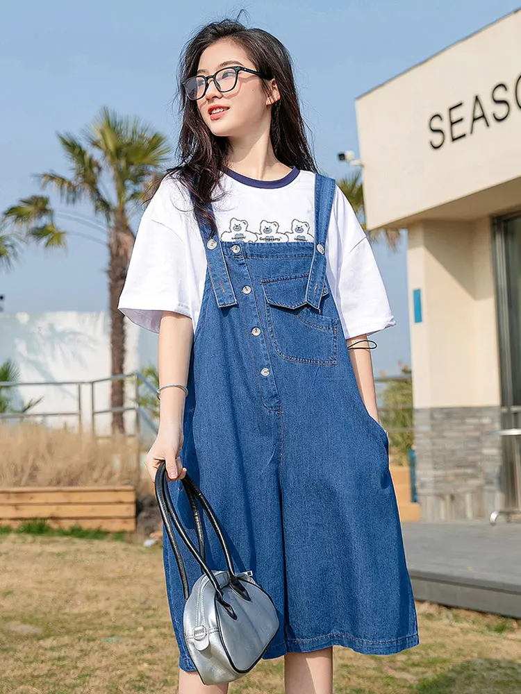 

Летние тонкие джинсовые комбинезоны для девочек-подростков, свободный крой, брюки-шорты, хлопок/полиэстер, высокая талия