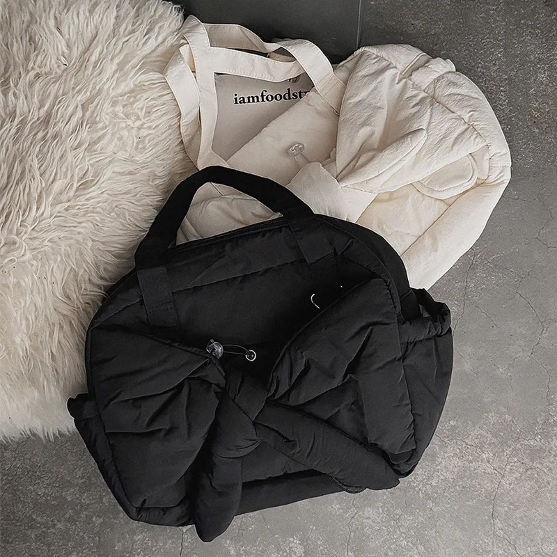 

Casual Cotton Padded Tote Bags for Women Fashion Bowknot Women Shoulder Bag Puffy Nylon Quilting Handbag Soft Warm Shopper Purse