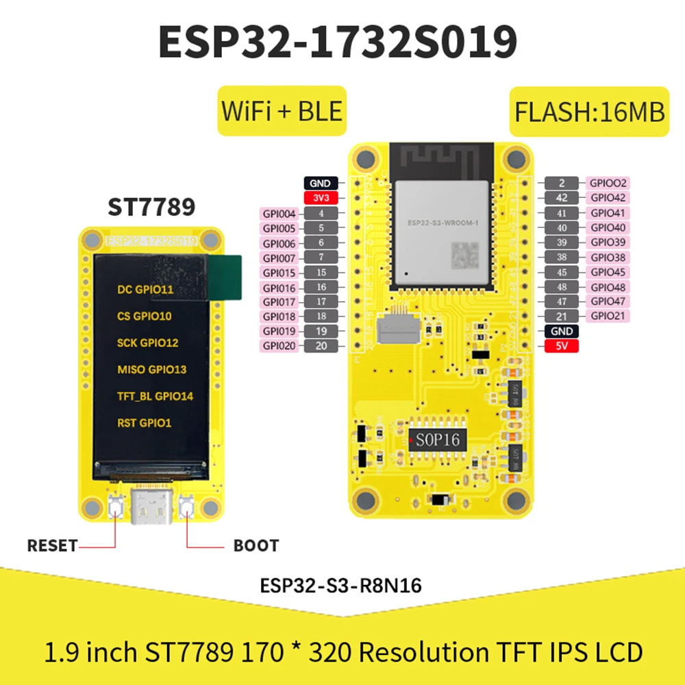 Carte de développement ESP32-S3 LCD TFT IPS Tech WiFi + Bluetooth 8M PSRAM 16M Flash Type-C Wild