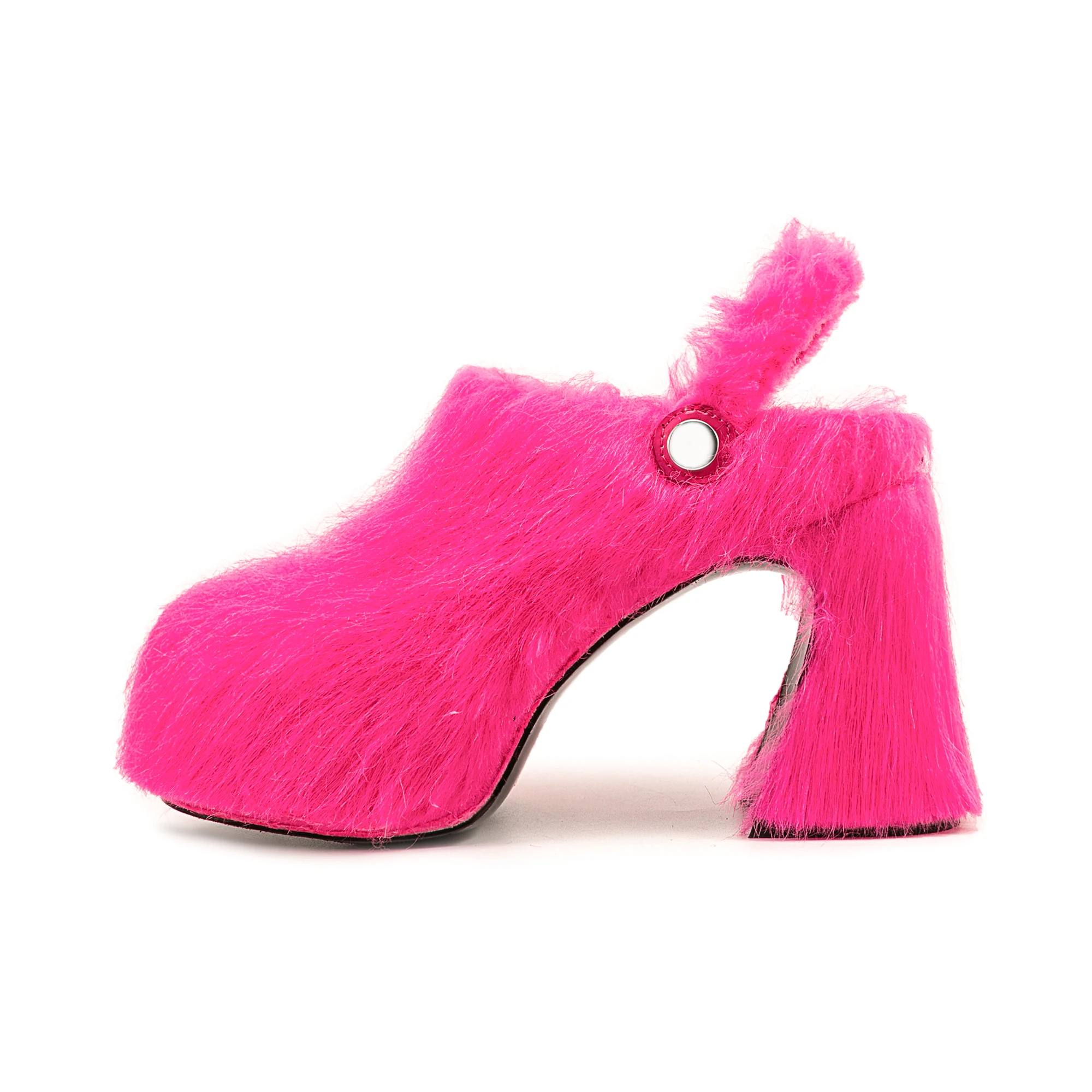 Arden Furtado Spring Fur Platform Mules Round toe Chunky heel Closed toe slippers Rear trip belt Super high heel Catwalk shoes