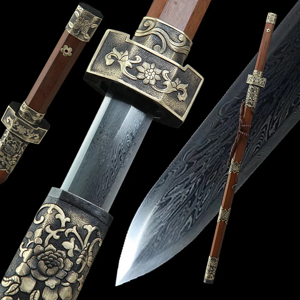 

Traditional Handmade Folded Steel Hand Grinding Blade Jian Chinese KUNGFU Peony Sword Rosewood Battle Knife