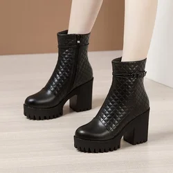 10cm Small Size 32-43 Elegant Genuine Leather Boots Platform Shoes Plush 2025 Winter Block High Heels Ankle Boots Office Model