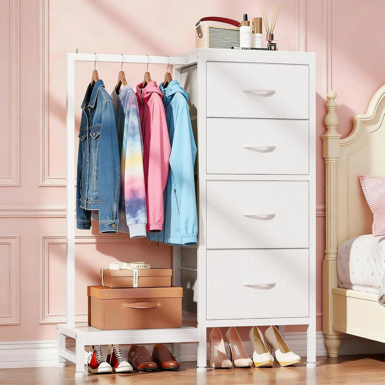 

Dresser with Hanging Rack, 4 Drawers Small Closet for Bedroom, Reversible Fabric Kids Chest of Drawers with Clothes Rack