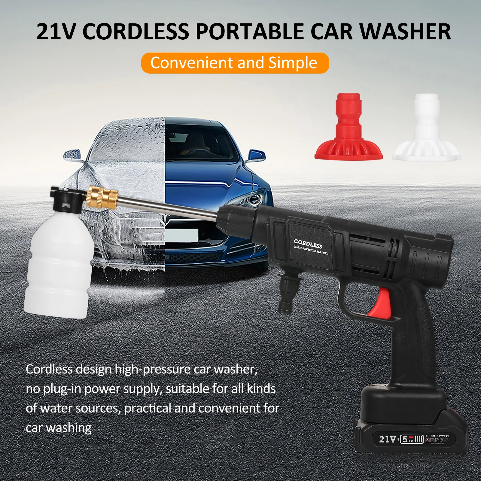 21V Cordless High Pressure Washer Machine 1500mAh*2 Battery Powered Handheld Washer for Car Cleaning