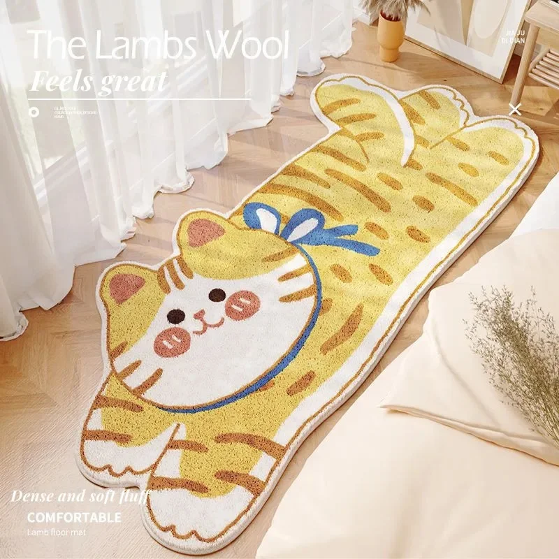 VIKAMA Kawaii Grey Tabby Cat Long Runner Rug Cartoon Kitten Holding Fish Fluffy Non Slip Washable Bedside Bedroom Floor Mat