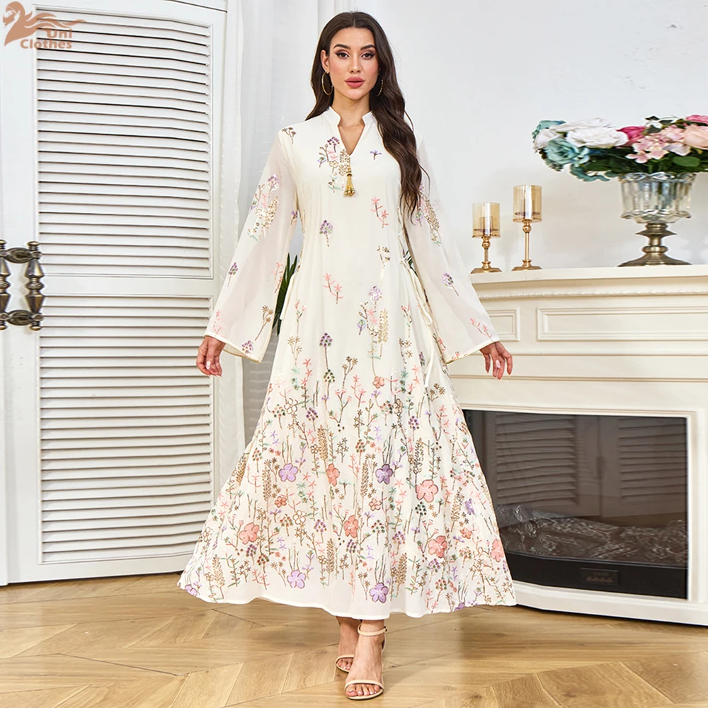 

Uni New Dubai Luxury Woman Evening Dress Embroidered Sequins Stand Collar Abaya Muslim Floral print Kaftans Woman 2025