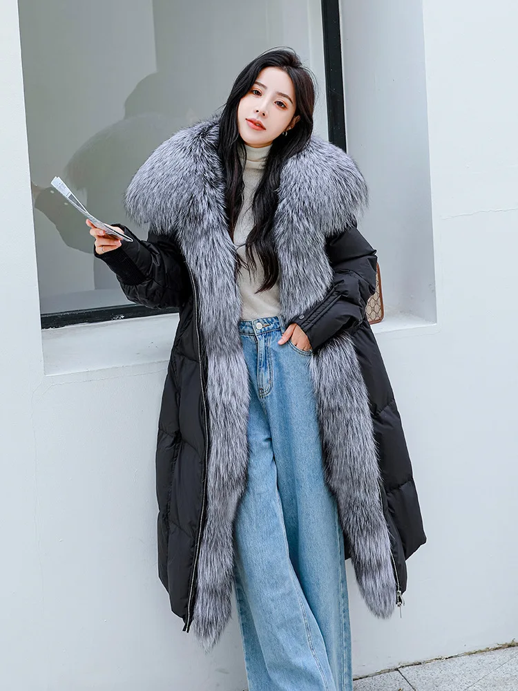 Natural Real Fox Fur Long Coat White Duck Down Jacket Winter Women Warm Loose Coat Thick Luxury Outerwear Streetwear Jacket