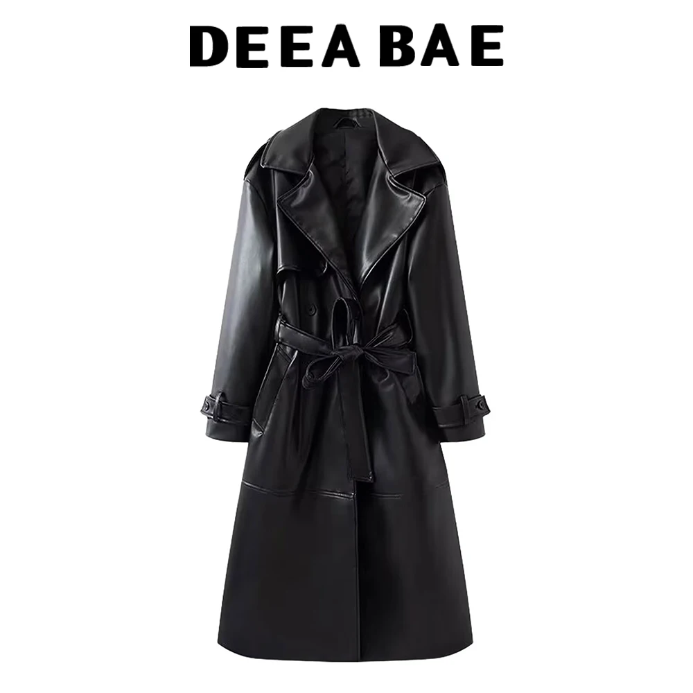DEEABAE Autumn women's fashionable loose long sleeved lapel with loose waist belt, long imitation leather windbreaker jacket