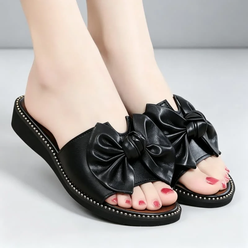 Plus Size 35-43 Elegant Comfortable Thick Bottom Genuine Leather Slippers Women Shoes 2026 Sweet Bow Slides Flats for Beach Mom