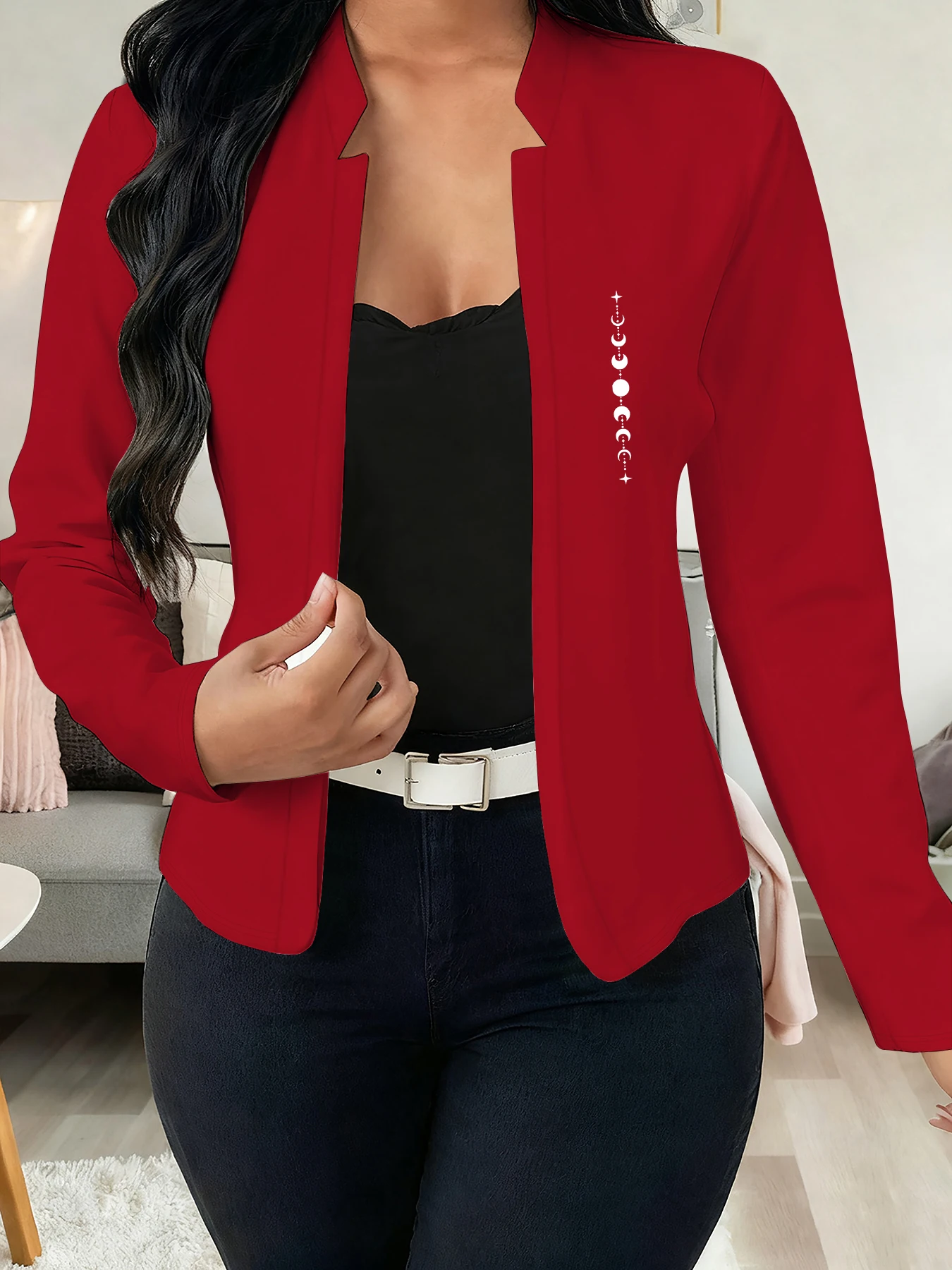 Unique Niche Moon Phase Pattern Vertical Print Long-Sleeve Slim-Fit Blazer, Stylish Retro Versatile Youthful Stand-Collar Open-Front Commuter Blazer for Spring and Autumn, Suitable for Daily Commuting, Home Leisure, Shopping, and Women's Fashion
