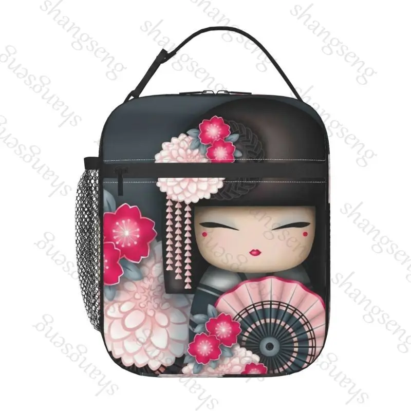 

Red Sakura Kokeshi Doll lunch bag Female Male Office Student bento Storage Insulated bag Fun thickened insulated bento bag