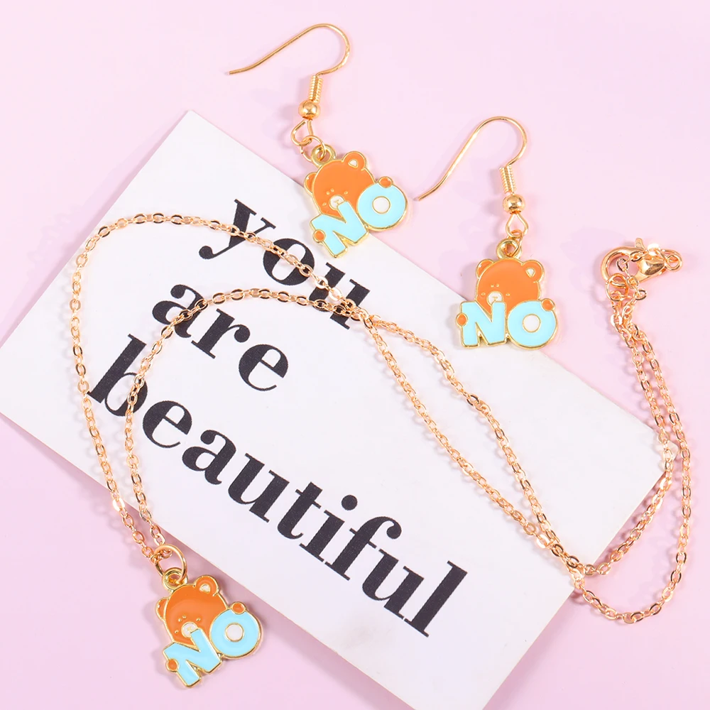 3Pcs Cute Enamel Bear Necklace Earrings Jewelry Set Gold Color Cartoon Animal Pendant Drop Earrings for Women Girl