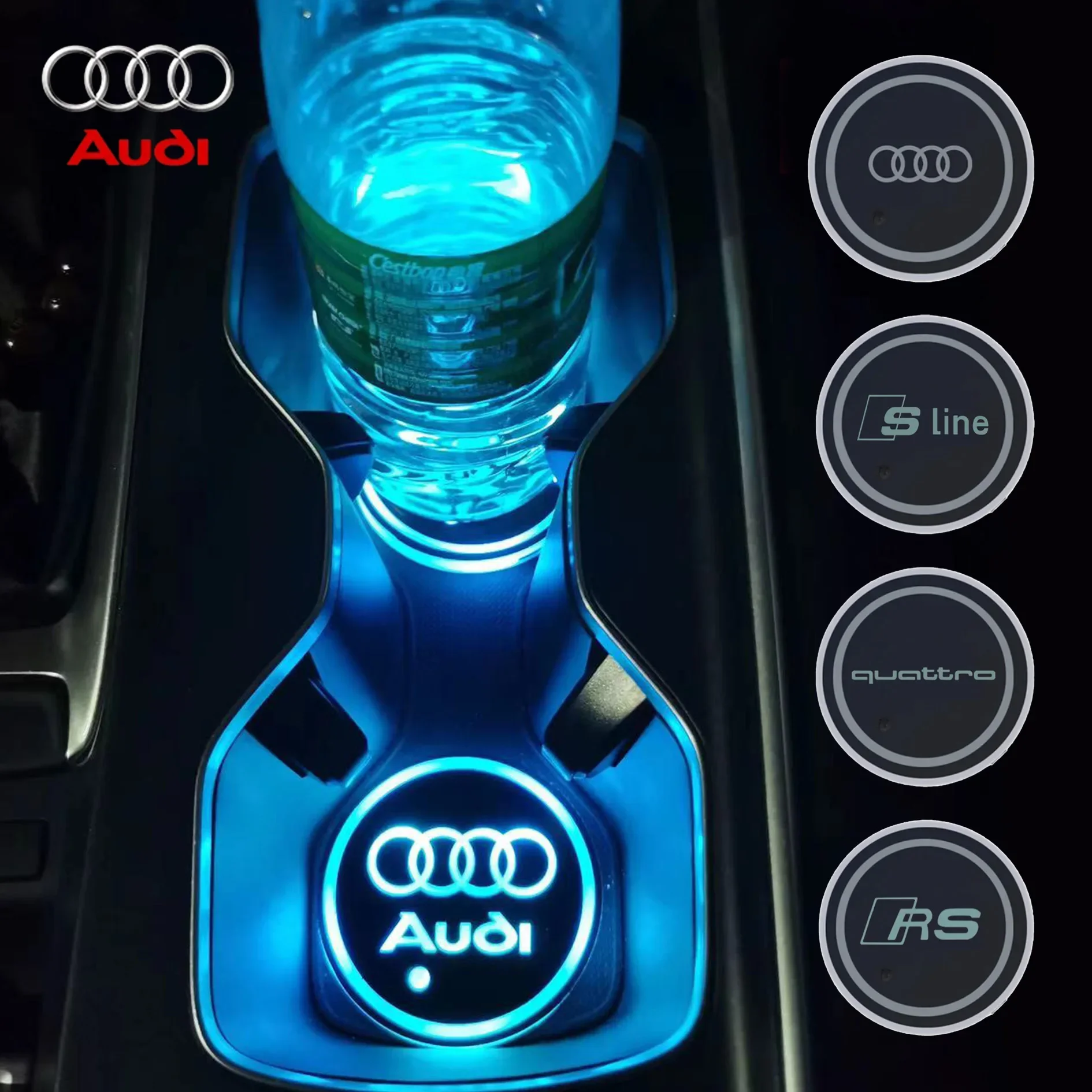 2pcs LED Car Luminous Coaster Cup Holder Anti-slip Mat For Audi SLINE Quattro A3 A4 B8 B9 A6 C5 C6 C7 A7 Q5 A5 A8 8V RS6 R8 S1