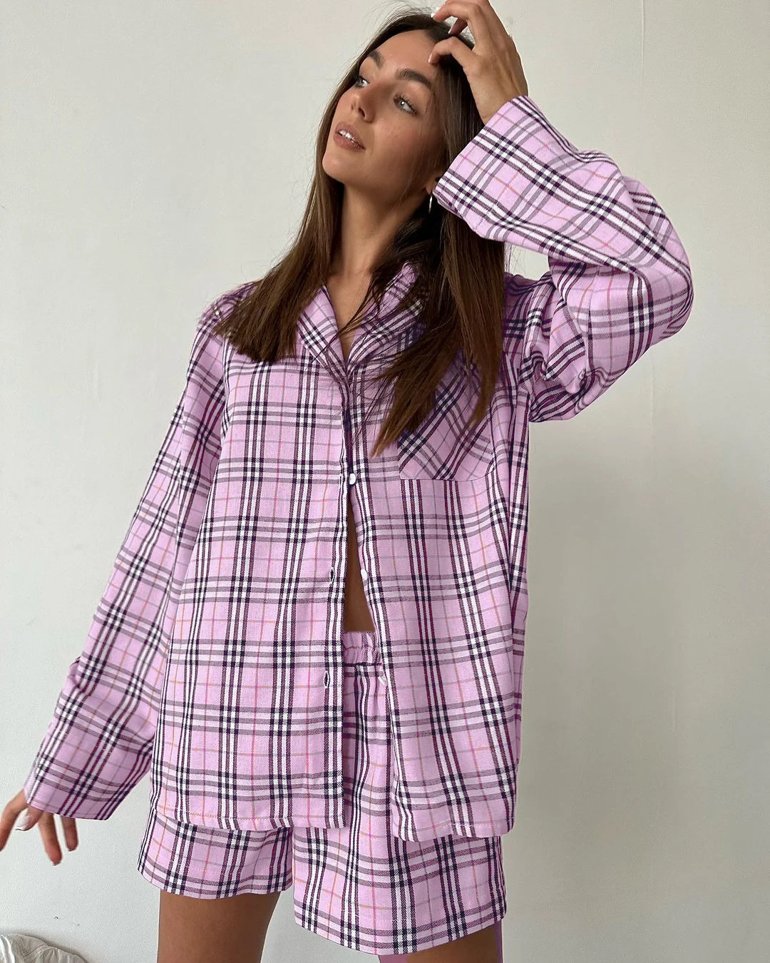 2024 New Casual Two Piece Set Women's Retro Plaid Long Sleeved Shirt Top High Waist Loose Shorts Suit Cotton Outfit Suit Female