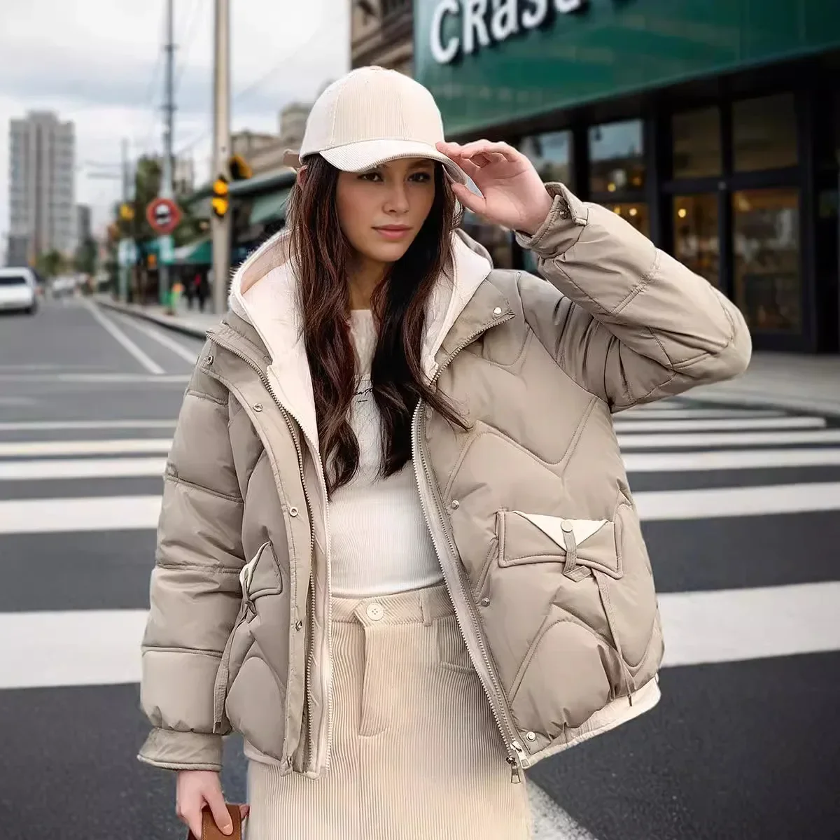 Chaqueta corta de invierno 2025 para mujer, Parkas falsas de dos piezas con contraste para mujer, abrigos, Chaqueta de algodón gruesa y cálida, Tops, novedad de 2025