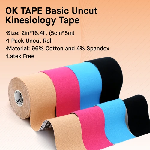 Imagen 2 del producto OK TAPE-Cinta de kinesiología, algodón básico Original, elástico, atlético, látex, Rollo sin cortar, Fitness, gimnasio, alivio del dolor de brazo, 5CM X 5M