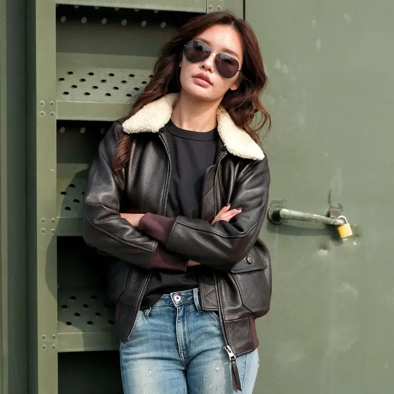 Dark Brown G1 Pilot Leather Jacket Women Military Style Plus Size 3XL Genuine Natural Cowhide Wool Collar Flight Leather Coat