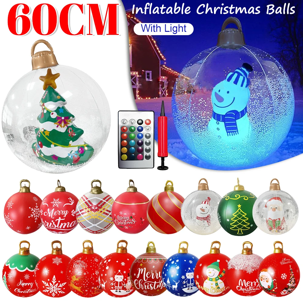 Aufblasbare Weihnachtskugel für den Außenbereich, 60 cm, PVC, riesige große große Kugeln, Weihnachtsbaumschmuck, Spielzeugball mit Lichtornament