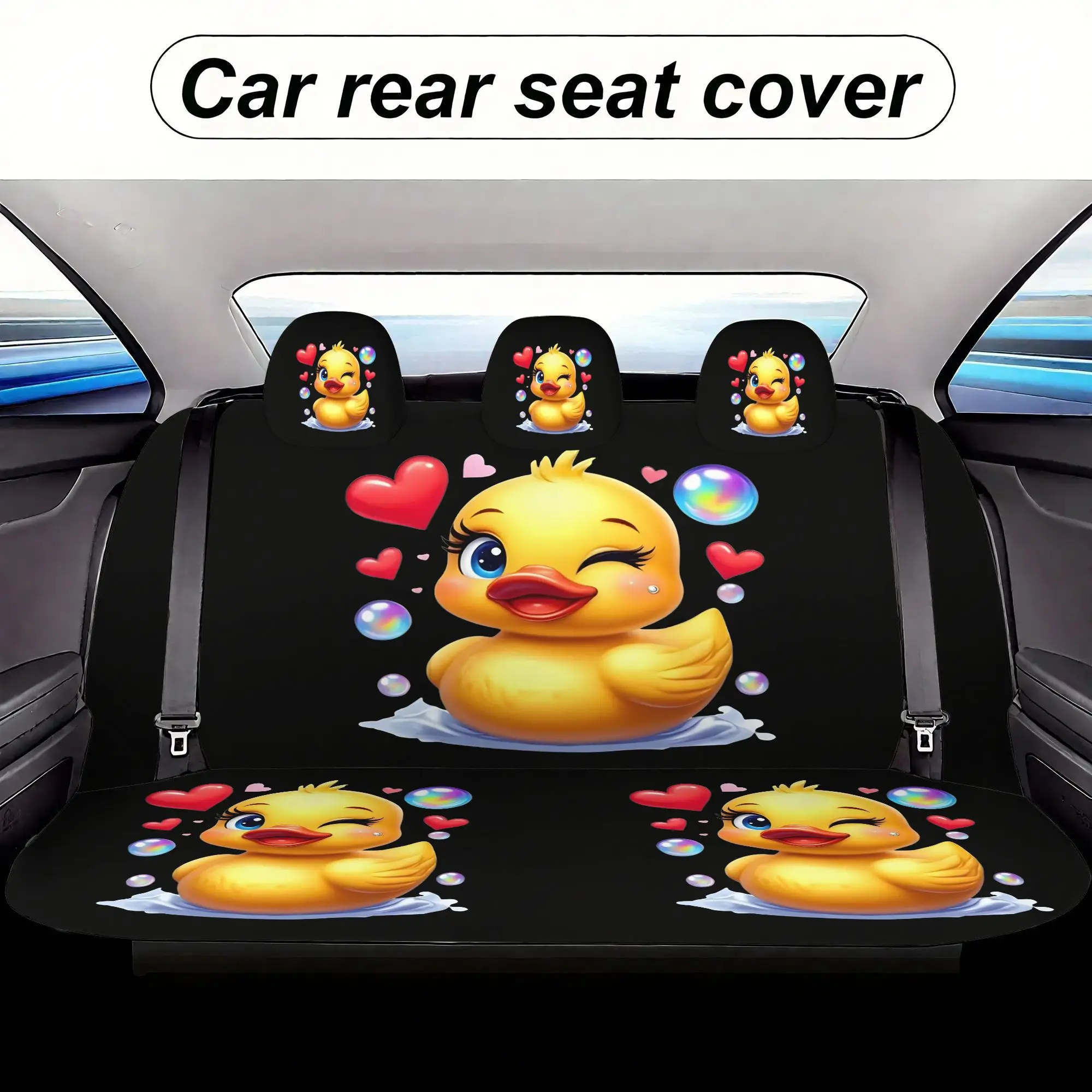 7pcs Winking Yellow Duck With Hearts Bubbles Printed Universal Car Seat Covers, Including 2 Front Seat Covers And 1 Rear Backres