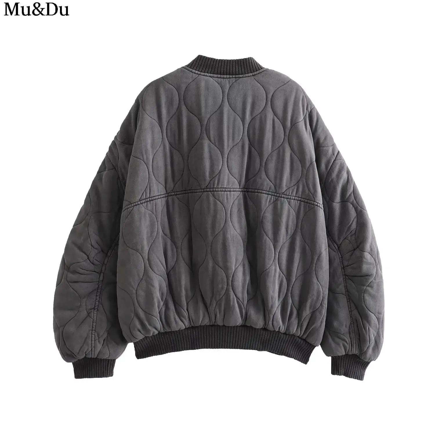 Mu&Du 2023 Autumn Winter Women Distress Oversized Bomber Jacket Warm Cotton Coat Female Casual Rhombic Lattice Parka Outwear New