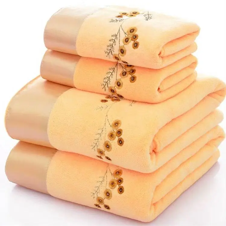 4pcs/set Solid Microfiber Embroidered Towel Set Quick Dry Bath Towel 140x70cm (2pcs) Face Towel 75x35cm (2pcs) for Bathroom
