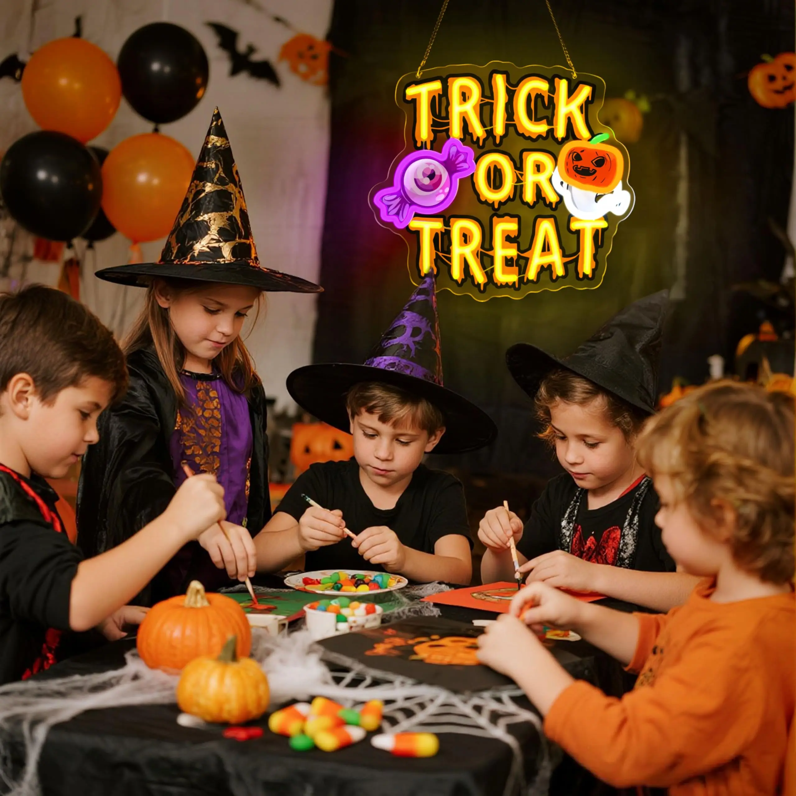 Trick or Treat LED Neon Sign for Wall Decor Halloween Party Spooky Room Bar Window USB Dimmer Switch UV Printed Wall Sign