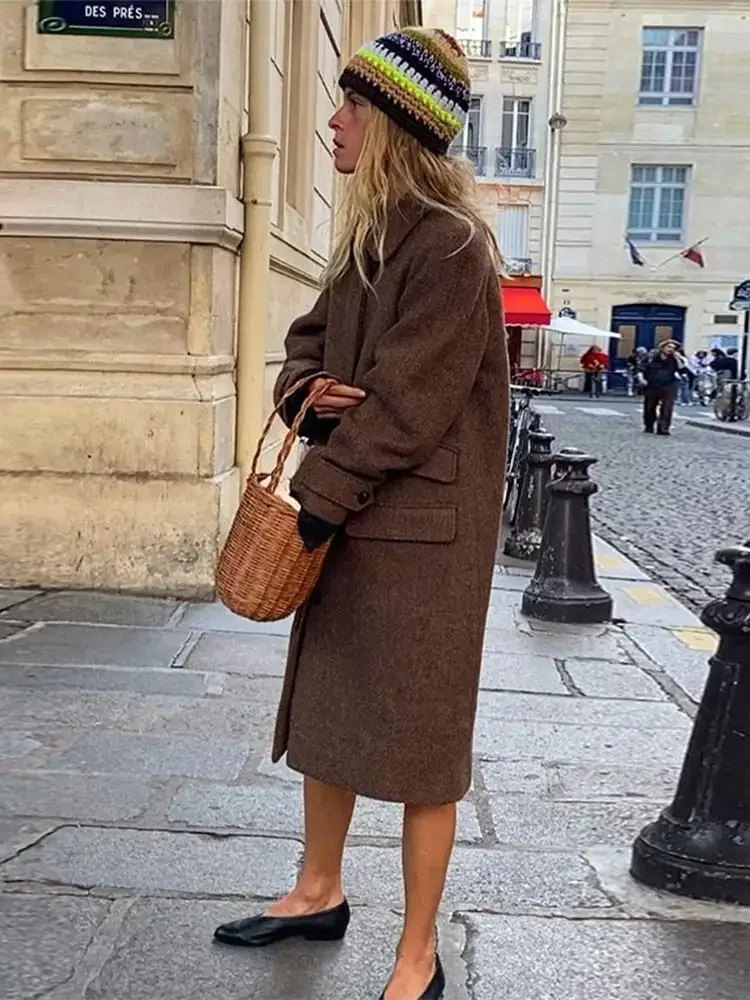 Jaqueta de lã de peito único feminina, casacos de lapela com bolsos, mangas compridas, sobretudos marrons casuais para senhoras, elegante e elegante, novo outono