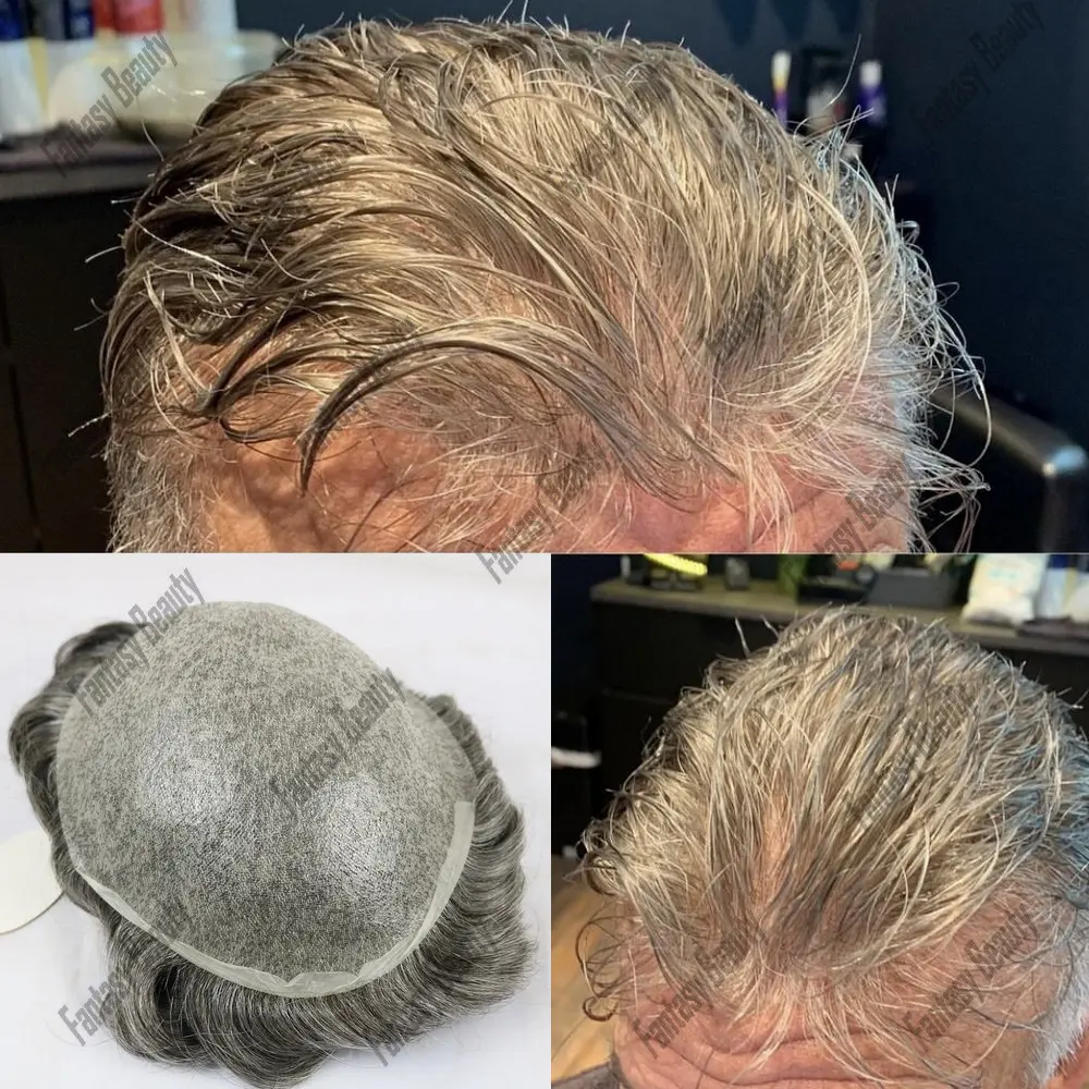 

Natrual Hairline 80% Density Toupee Men Human Hair 0.02mm Utral Thin Skin V loop Male Wig Grey Black Capillary Prosthesis System