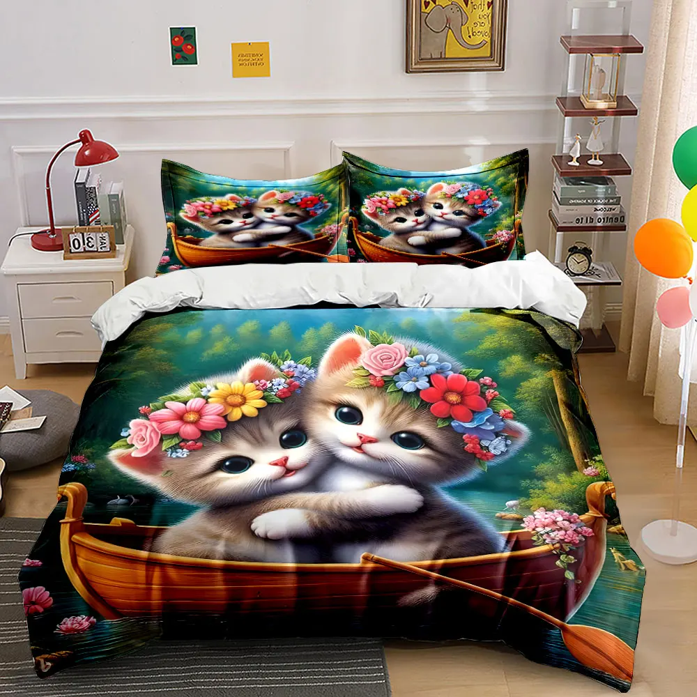 

Cat with floral crown boating Print Bedding Set 1 Duvet Cover 2 Pillowcases for Adult and Children Luxury Gift Full Size