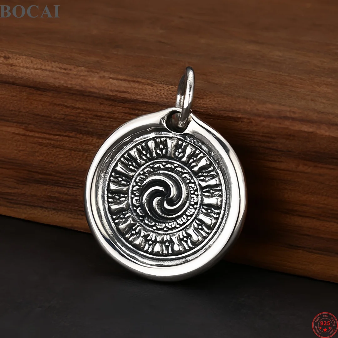 BOCAI New S925 Sterling Silver Charms Pendants for Men Women Antique Tibetan-style Samsara Vortex Pattern Fine Choice Jewelry