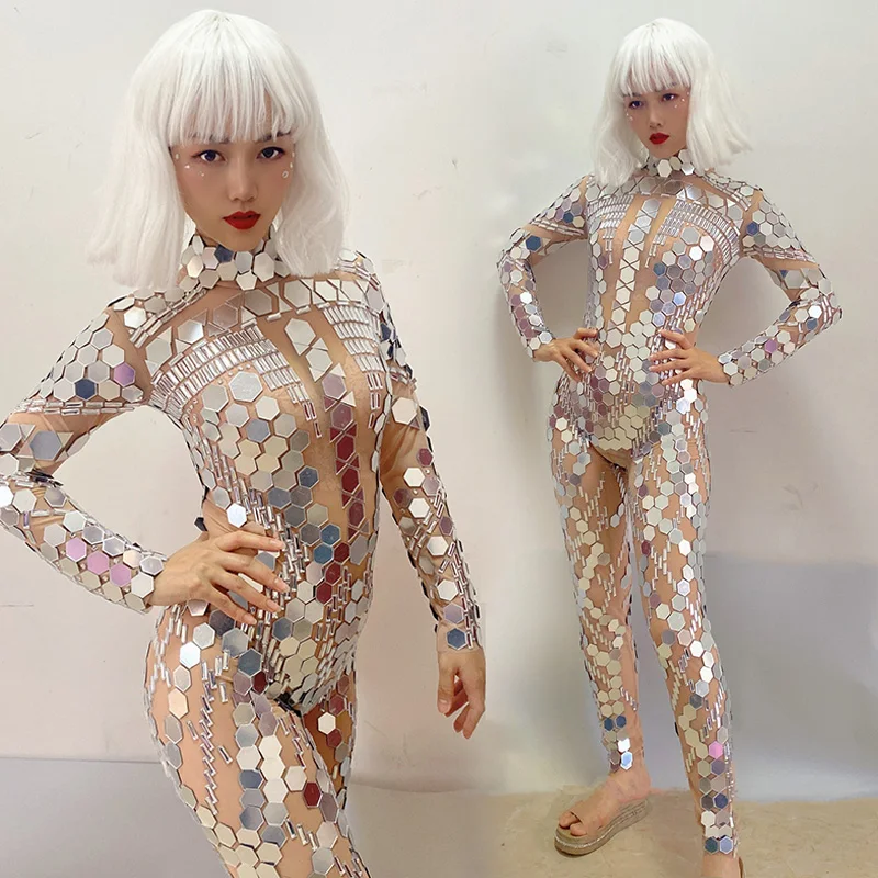 

Long Sleeve Mirror Bodysuit Women Nightclub Bar Dancewear Model Showgirl Performance Stage Wear Gogo Party Show Outfit VDL4334