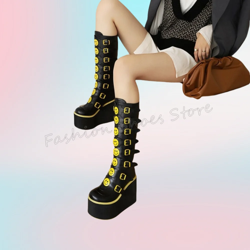 Black Buckle Decor Smiley Face Decor Boots Wedges Heel High Heel Shoes for Women Fashion Sexy Heels 2025 New Zapatos Para Mujere