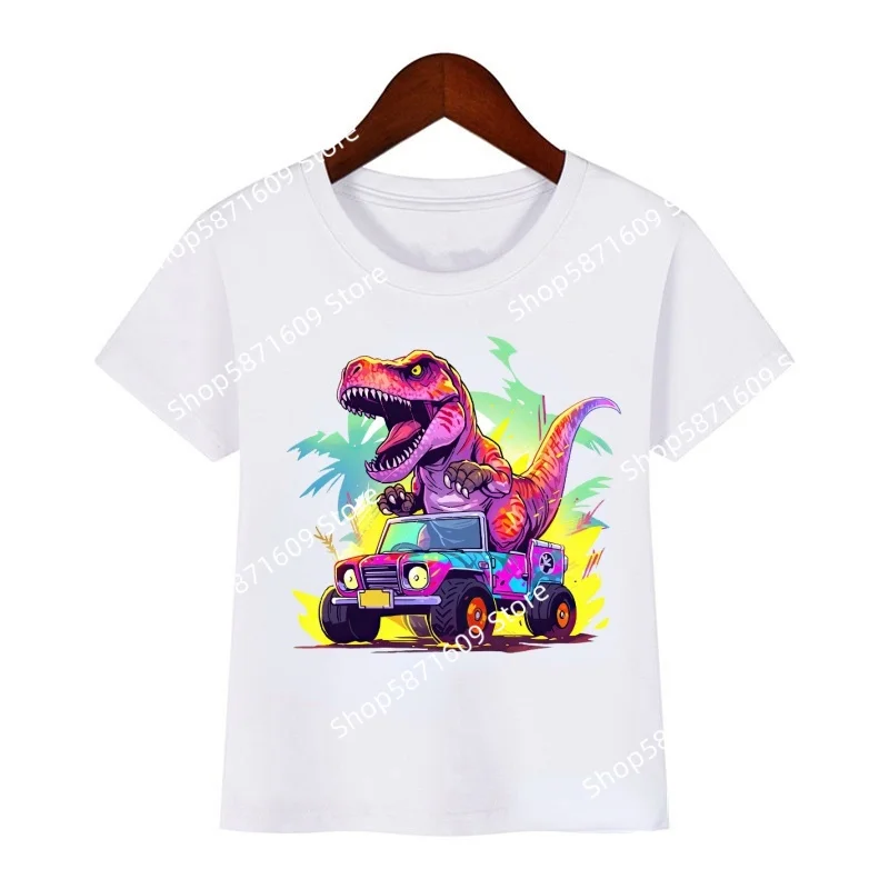 Dinosaur themed T-shirt for boys and girls, soft material, white T-shirt, cute and casual short sleeved shirt for children