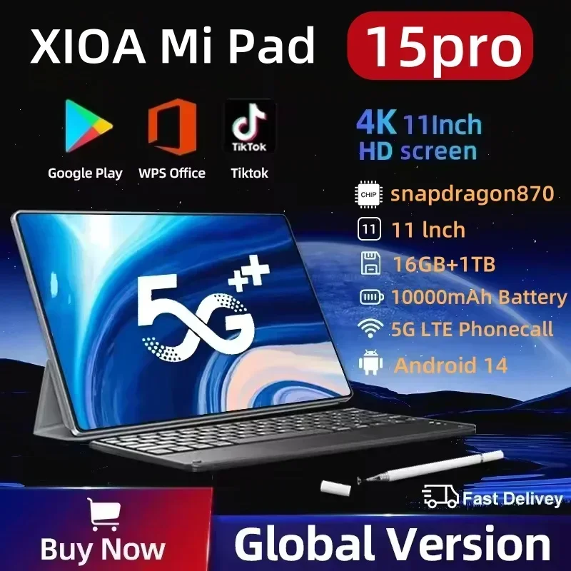 

Глобальная версия 2025 Xioami Pad 15 Pro Tablet Snapdragon 870 11-дюймовый Android 14 5G Dual SIM Dual standby HD 4K WiFi GPS Tablet PC