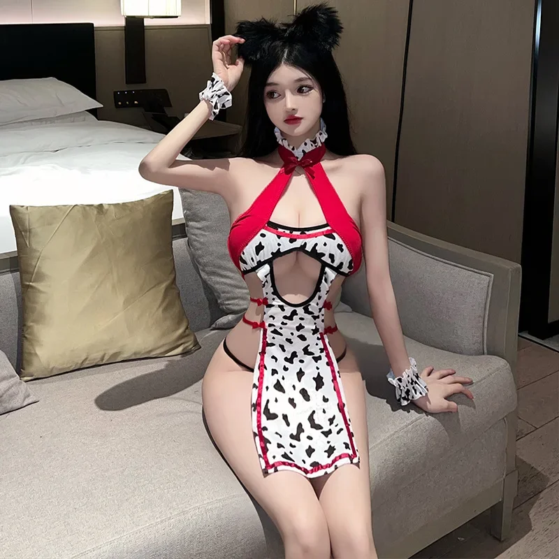 

Women Lingerie Exotic Sets Home Sleeping Nightwear Dress Apron Briefs Panty Thong Cow Girl Cosplay Role Play Uniform