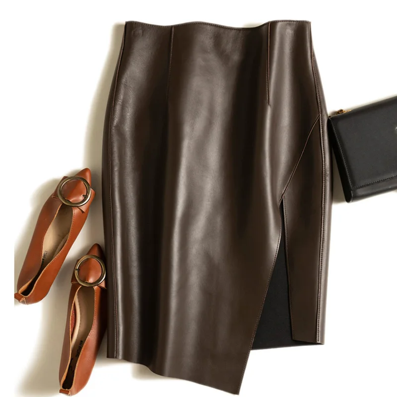 Leather Skirts Women 2024 Japanese Stylish Winter Side Slits Thin Sexy Sheepskin Chocolate Wrap Jupe Saias Femeninas Elegantes