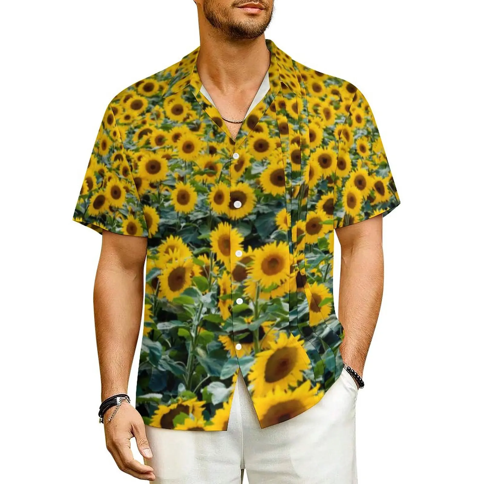 

Sunflower Print Beach Shirt Field Of Sunflowers Hawaiian Casual Shirts Man Cool Blouses Short-Sleeved Korean Fashion Custom Tops