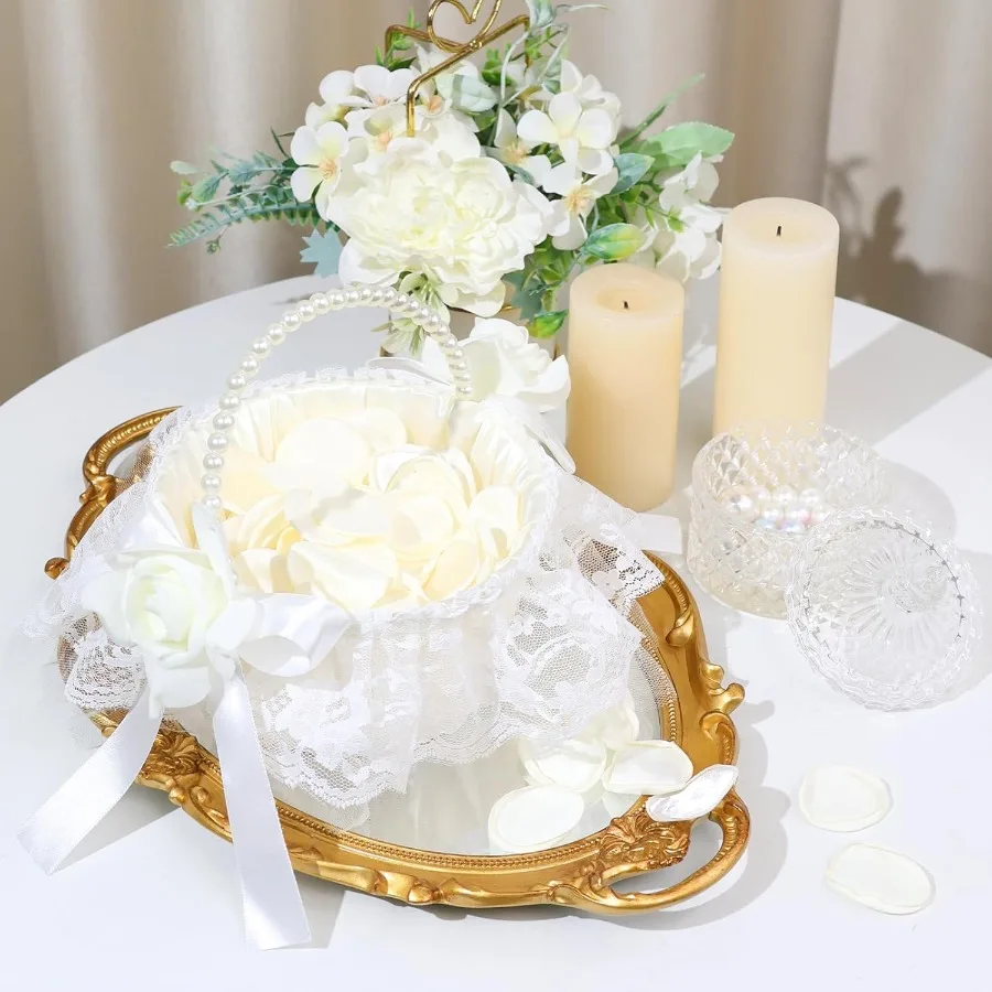 1 Pack Wedding Flower Girl Basket with 200Pcs Silk Petals Pearl Handle and Ribbon Bow for Romantic Night Bridal Party Home Deco