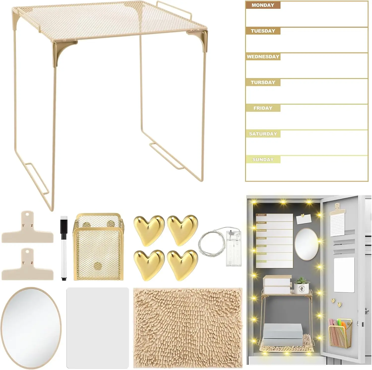 

Locker Accessories Kit - Magnetic Whiteboard, Shelf, Course Schedule, Mirror, Pen Holder, Dry Erase Pen, Rug, Clips,Light String