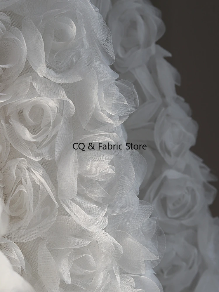 Breathable White Lace Fabric With 3D Rose Flower And Mesh For Wedding Dress And Gown Designer Fabric