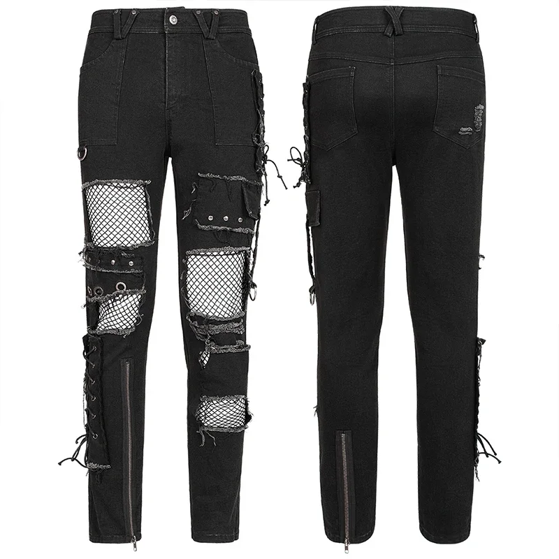 PUNK RAVE New Men\'s Punk Rock Broken Hole Net Black Long Trousers Gothic Casual Male Motocycle Cotton Denim Pants Visual Kei