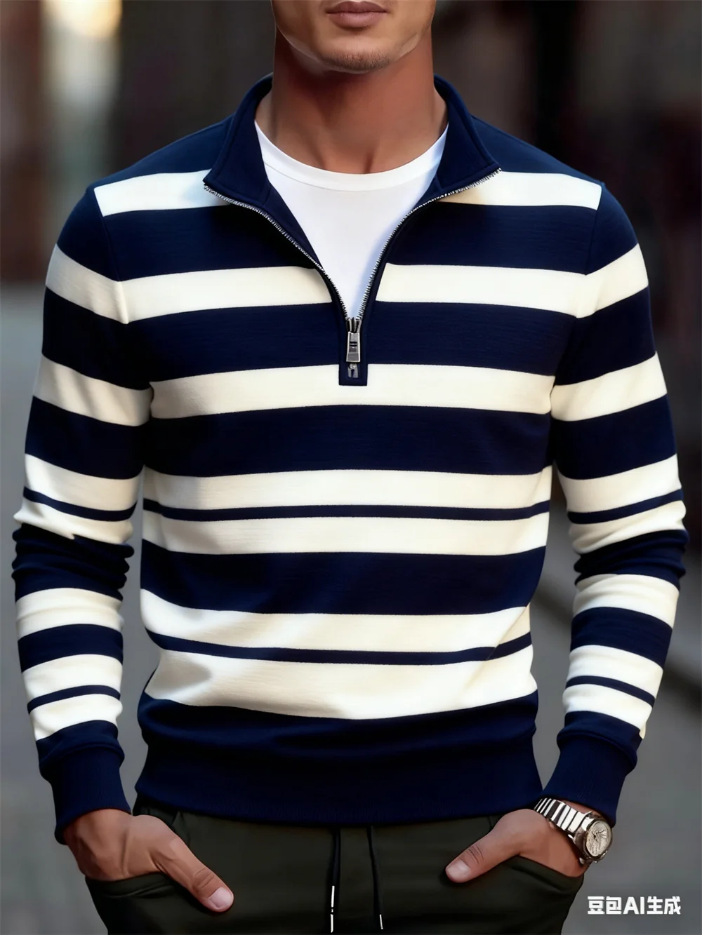 

Men's Fashion Stripe Pattern Zipper Sweatshirt Simple Design Outdoor Street Casual Long Sleeve Tops Loose Business Style Clothes