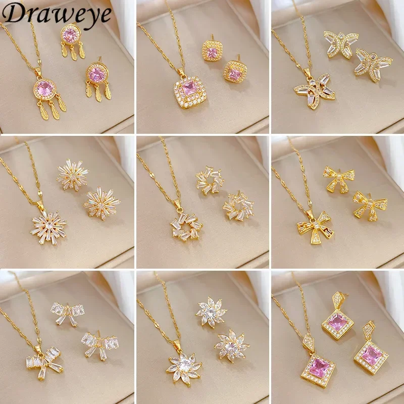 Draweye Jewelry Sets Korean Fashion Sweet Elegant Rhinestone Pendant Necklace for Women Zirocn Simple Collares Para Mujer