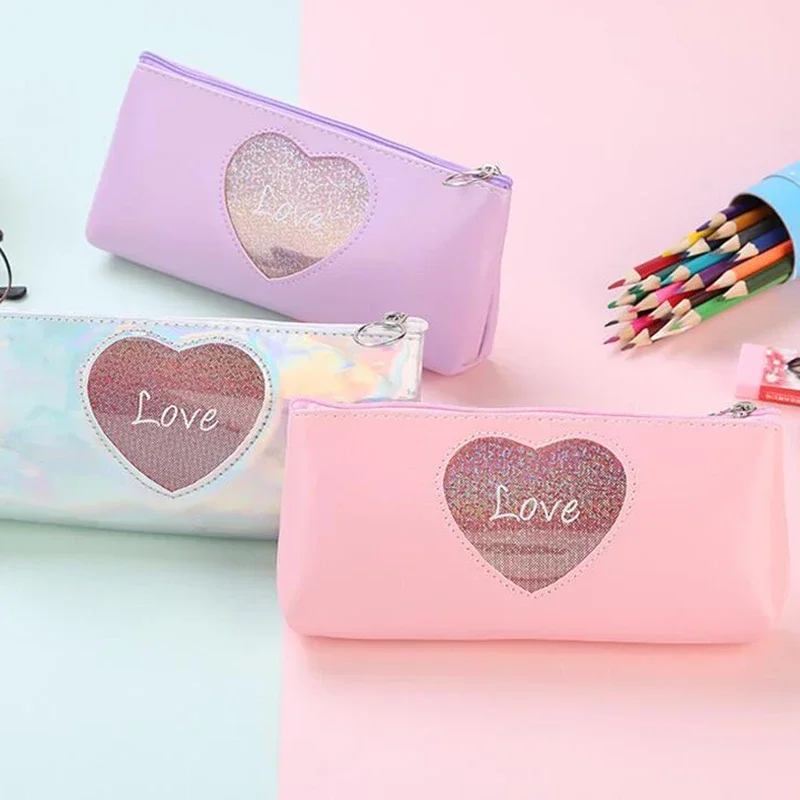 Girls Laser Shining Love Shape Leather Pen Bag Box Stationery Pouch Office School Supplies Stationery Estuches